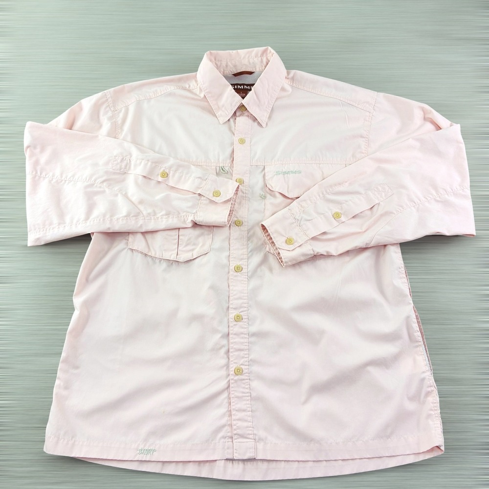 Simms 3XDry Fishing Shirt Mens Large Pink Vented‎ Long Sleeve Pockets Perfomance